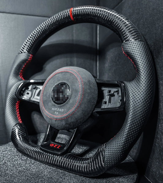 Volant carbone compatible VW Golf 7 / 7.5 GTI – Cuir - Rouge